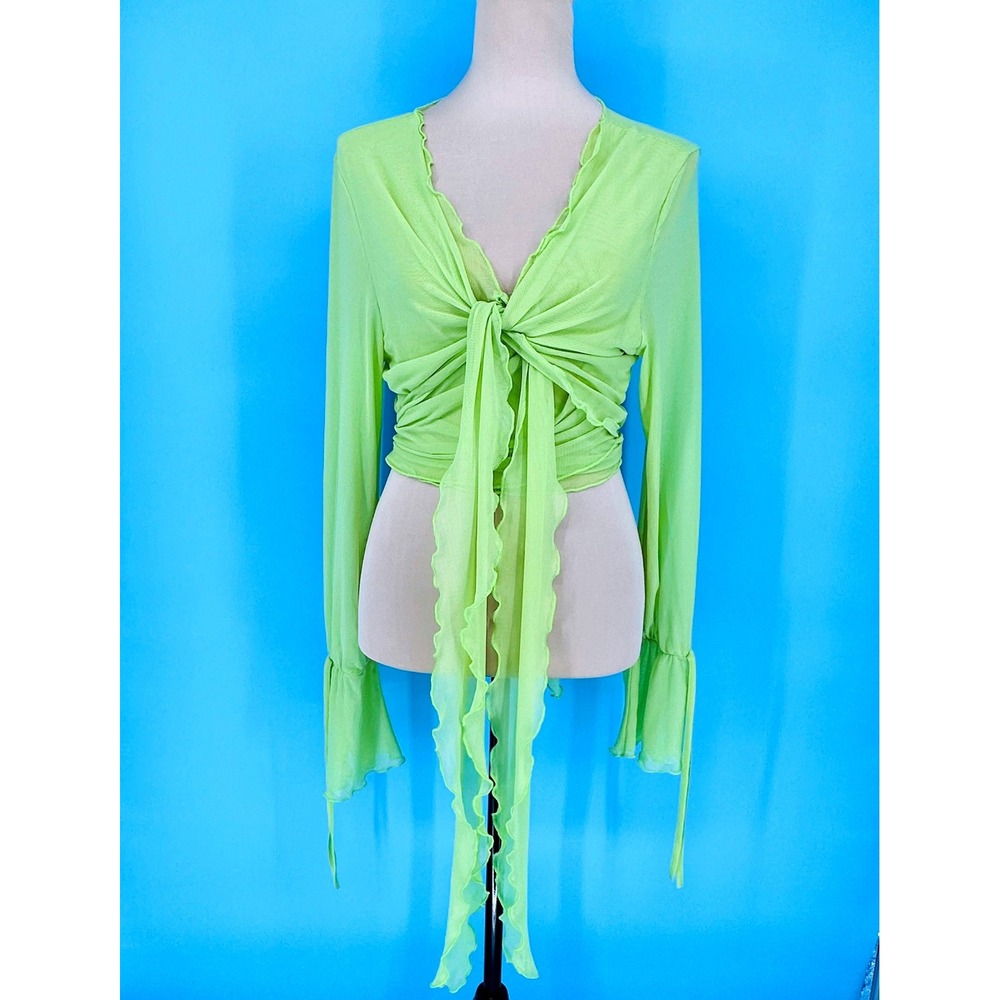 Lime Green Mesh Tie Front Wrap Top Long Bell Sleeve Lettuce Trim Y2K Cropped